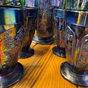 Iridescent Floral Embossed SET PITCHER AND FOUR SMALL GOBLETS
